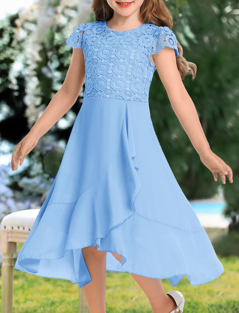 HOSIKA Girls Chiffon Flower Girl Dresses Flutter Sleeves A-Line Swing Wedding Party Long Maxi Dress for 10-11 Years Light Blue - Image 3