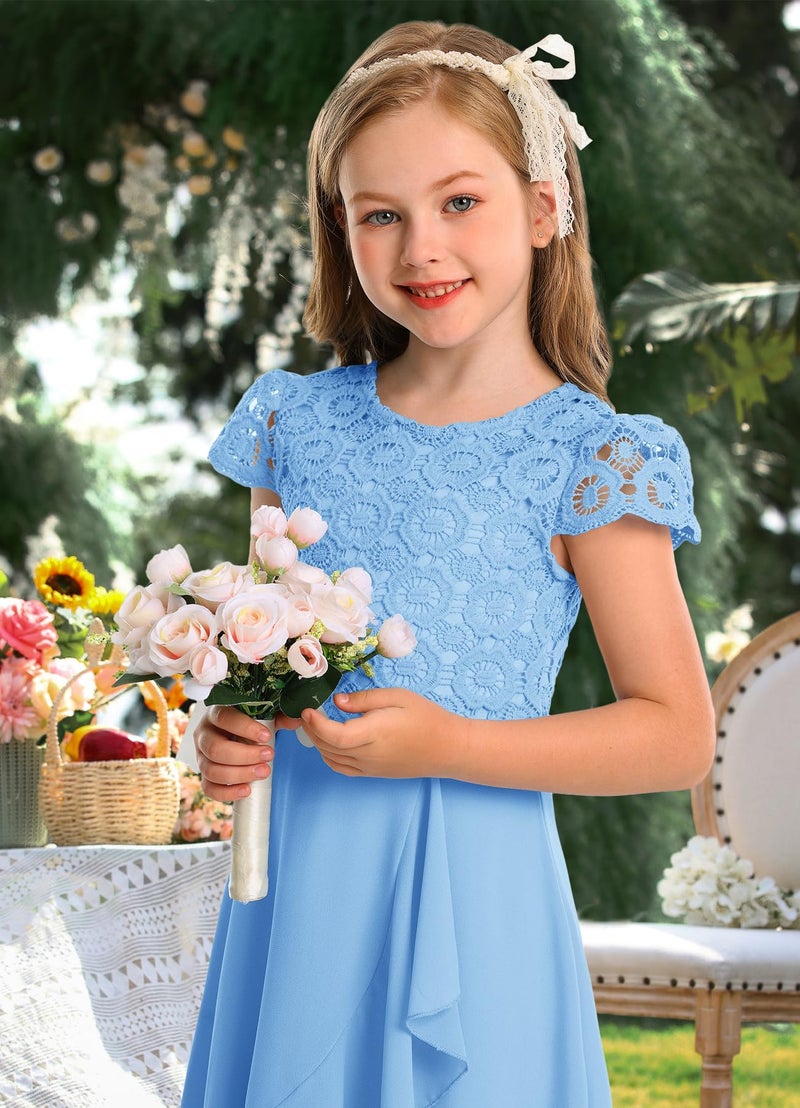 HOSIKA Girls Chiffon Flower Girl Dresses Flutter Sleeves A-Line Swing Wedding Party Long Maxi Dress for 10-11 Years Light Blue - Image 4