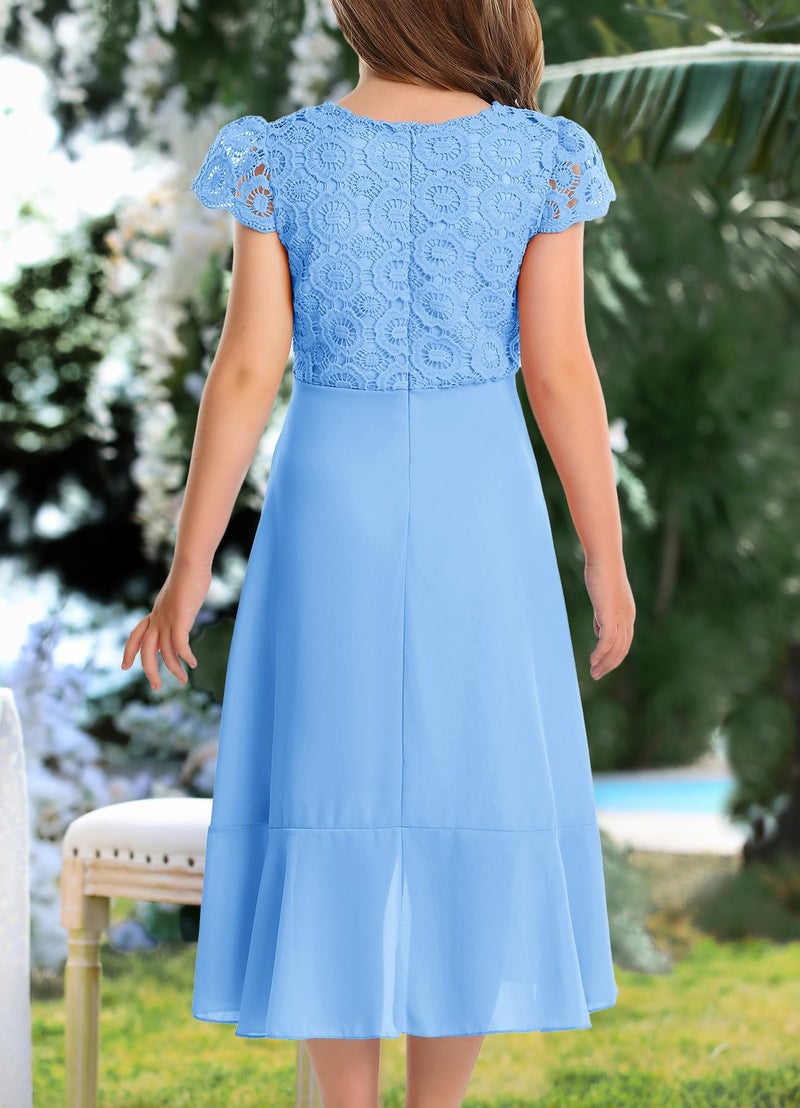 HOSIKA Girls Chiffon Flower Girl Dresses Flutter Sleeves A-Line Swing Wedding Party Long Maxi Dress for 10-11 Years Light Blue - Image 5