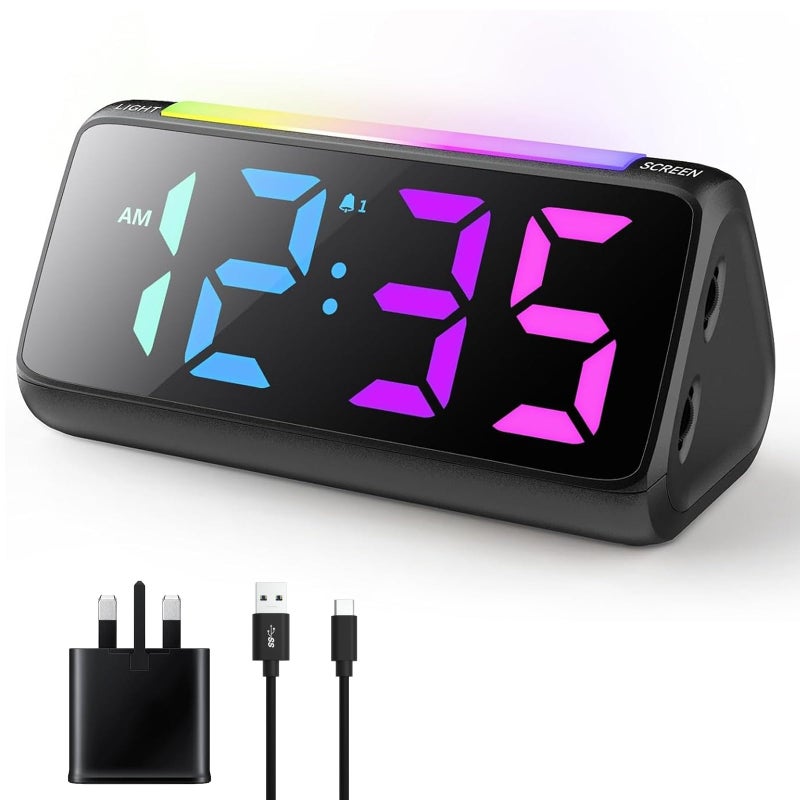 Netzu Alarm Clocks Bedside Digital Clock for Bedroom Kids Alarm Clock with RGB Nightlight Large Digits Full Range Brightness Dimmer Snooze Dual Alarm 1224H Bedside Clock for Kids Adults