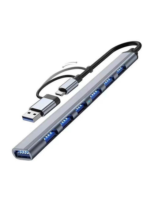 محطة إرساء USB HUB من النوع C، محطة إرساء متعددة الوظائف، مقسم كابل كمبيوتر واحد إلى أربعة، عدد الواجهات: USB سبائك الألومنيوم، 1 منفذ 3.0، 6 منافذ 2.0