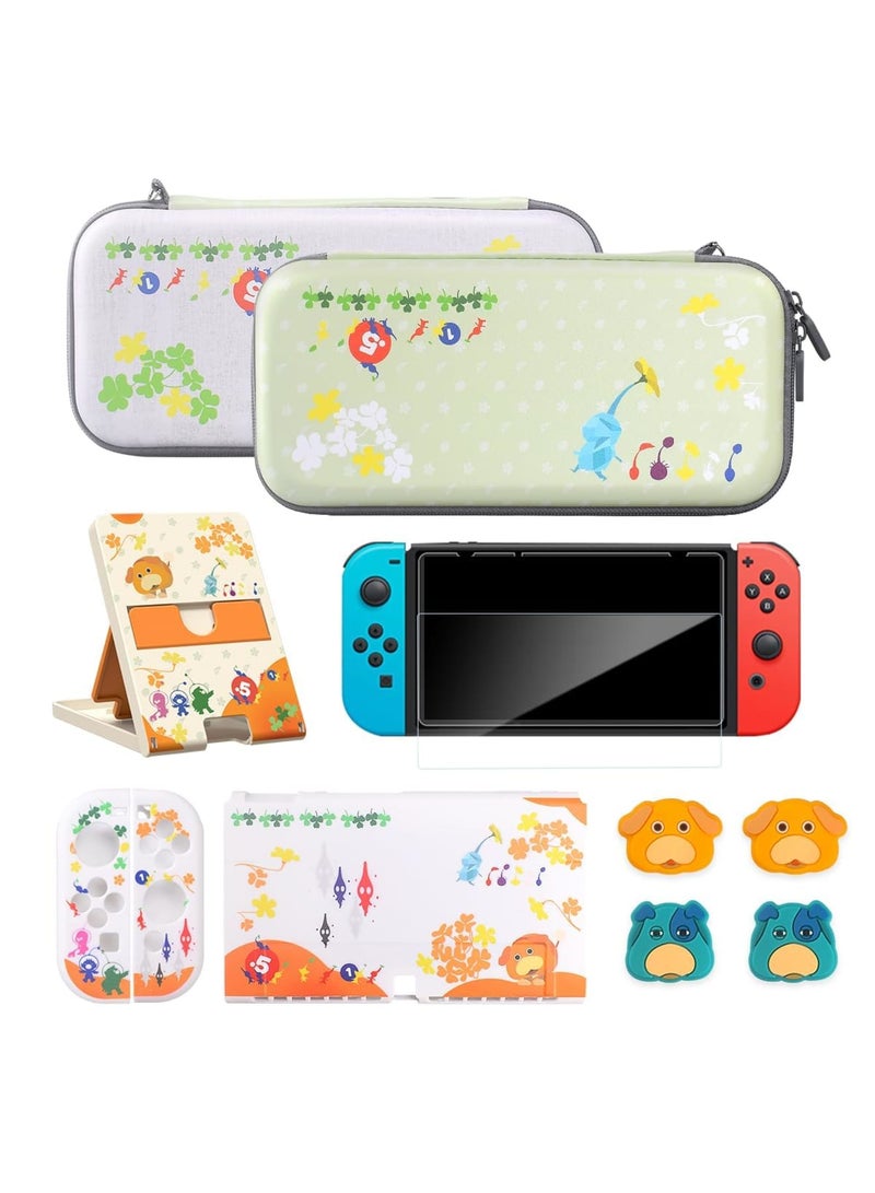 SYOSI Switch Carrying Case Set, Cute Switch Case Bundle for Pikmin Fans with Switch OLED Protective Cover, Screen Protector, Playstand & Thumb Caps, Storage Bag Compatible with Switch OLED & Accessories - Image 1