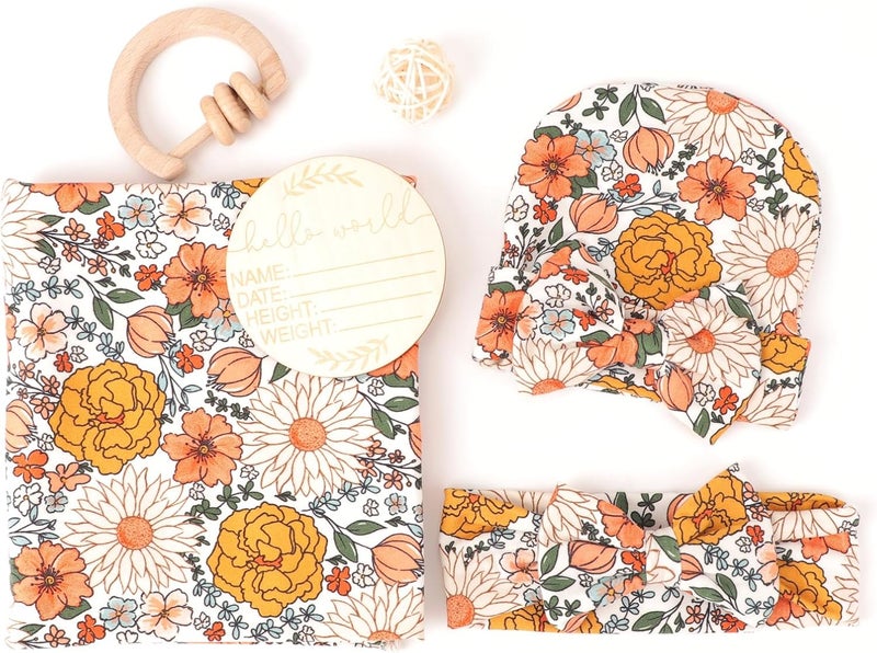 DRESHOW BQUBO Baby Girl Newborn Floral Receiving Blankets with Bow Hat Headband Wooden Birth Announcement Card Set Newborn Baby Swaddling Hats Sleepsack Toddler Warm Shower Gift - Image 2