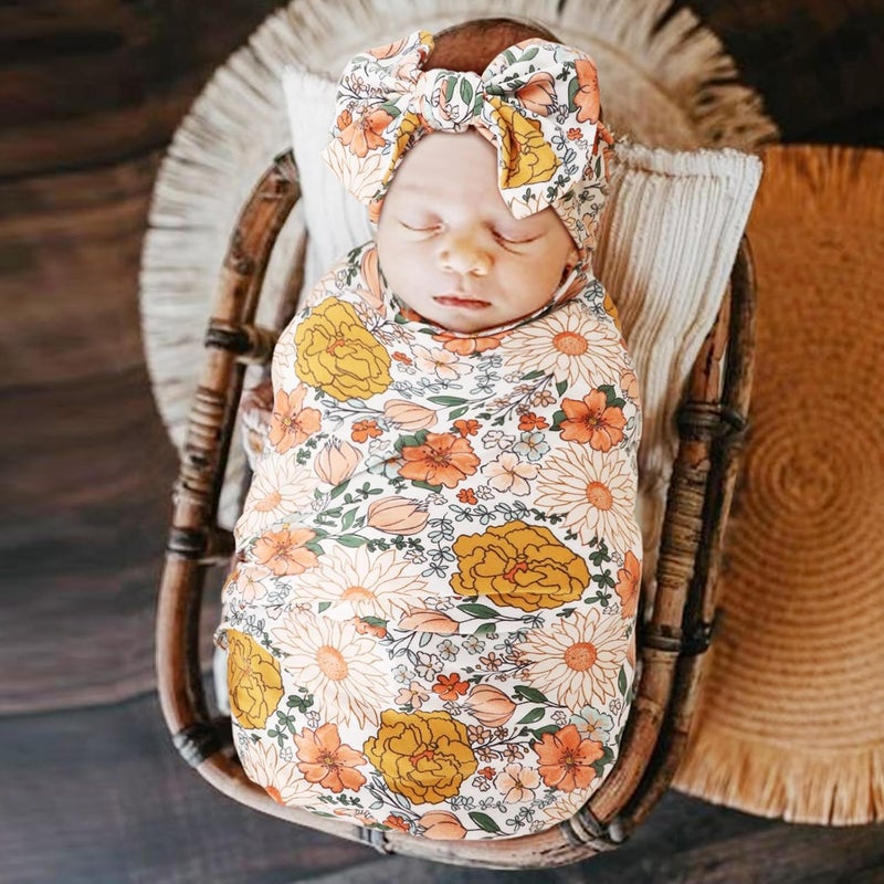 DRESHOW BQUBO Baby Girl Newborn Floral Receiving Blankets with Bow Hat Headband Wooden Birth Announcement Card Set Newborn Baby Swaddling Hats Sleepsack Toddler Warm Shower Gift - Image 3