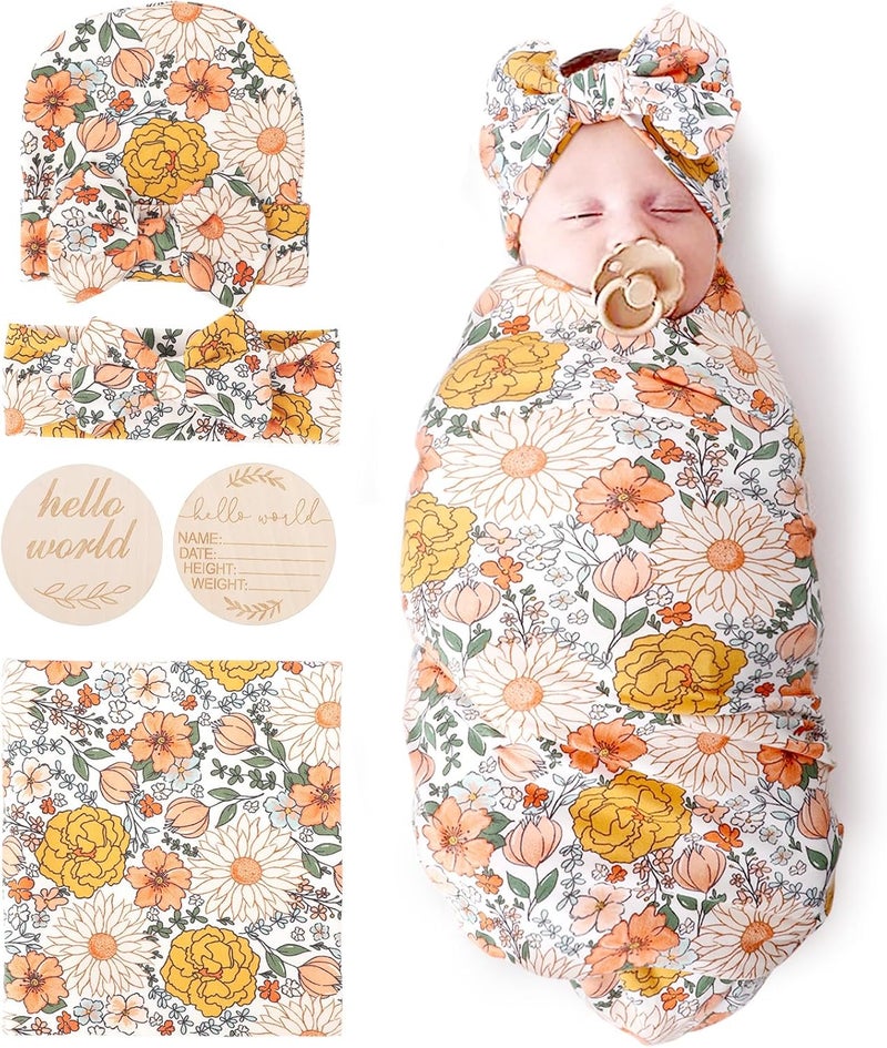 DRESHOW BQUBO Baby Girl Newborn Floral Receiving Blankets with Bow Hat Headband Wooden Birth Announcement Card Set Newborn Baby Swaddling Hats Sleepsack Toddler Warm Shower Gift - Image 1