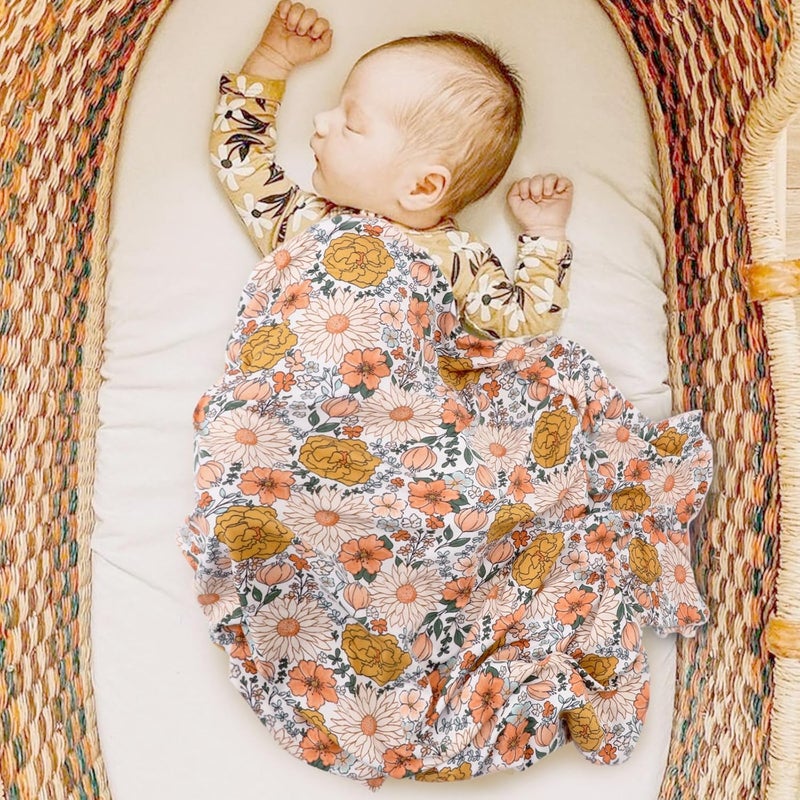 DRESHOW BQUBO Baby Girl Newborn Floral Receiving Blankets with Bow Hat Headband Wooden Birth Announcement Card Set Newborn Baby Swaddling Hats Sleepsack Toddler Warm Shower Gift - Image 4