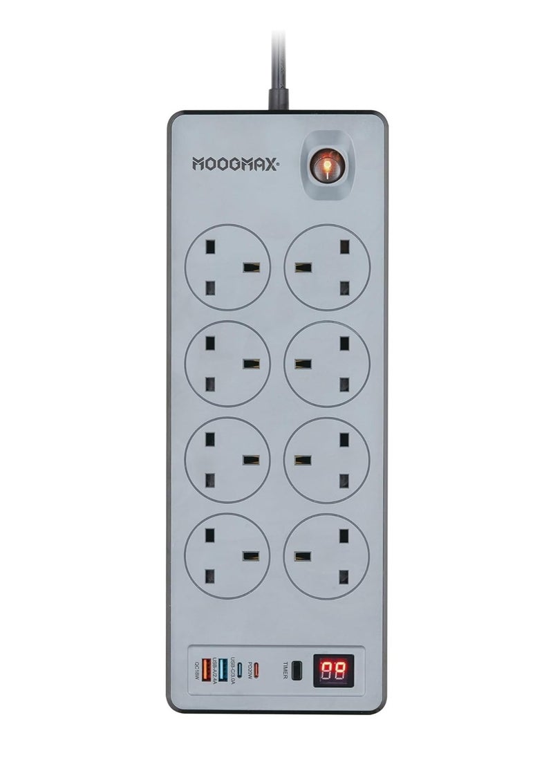 MOOGMAX BASA Multiple cord Extension 2990W, with eight-socket, two Type-C ports support fast charging up to 20W and two USB-A ports compatible with most devices, an electrical strip equipped with an automatic shut-off timer (For Type-C and USB ports only, power outlets are not included) and an on/off button, a fire-safe socket up to 750 C, certified with quality and safety (SASO, GCC and RoHS) certificates. 3 meters long. From Moogmax  - Image 1
