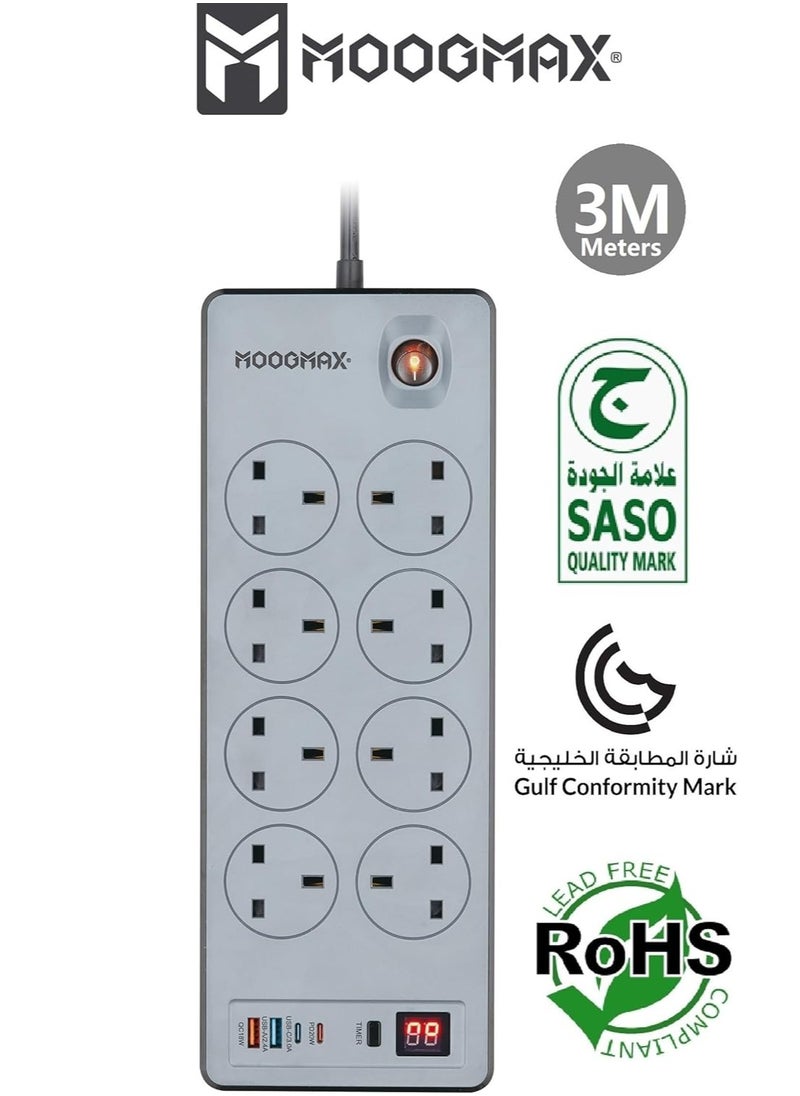 MOOGMAX BASA Multiple cord Extension 2990W, with eight-socket, two Type-C ports support fast charging up to 20W and two USB-A ports compatible with most devices, an electrical strip equipped with an automatic shut-off timer (For Type-C and USB ports only, power outlets are not included) and an on/off button, a fire-safe socket up to 750 C, certified with quality and safety (SASO, GCC and RoHS) certificates. 3 meters long. From Moogmax  - Image 2