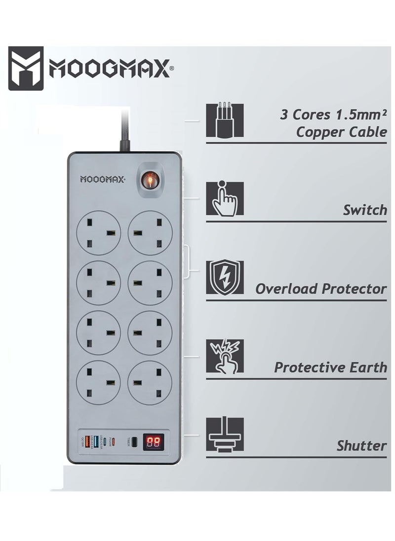 MOOGMAX BASA Multiple cord Extension 2990W, with eight-socket, two Type-C ports support fast charging up to 20W and two USB-A ports compatible with most devices, an electrical strip equipped with an automatic shut-off timer (For Type-C and USB ports only, power outlets are not included) and an on/off button, a fire-safe socket up to 750 C, certified with quality and safety (SASO, GCC and RoHS) certificates. 3 meters long. From Moogmax  - Image 3