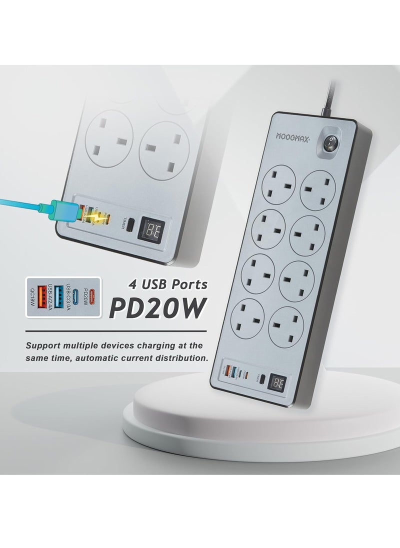 MOOGMAX BASA Multiple cord Extension 2990W, with eight-socket, two Type-C ports support fast charging up to 20W and two USB-A ports compatible with most devices, an electrical strip equipped with an automatic shut-off timer (For Type-C and USB ports only, power outlets are not included) and an on/off button, a fire-safe socket up to 750 C, certified with quality and safety (SASO, GCC and RoHS) certificates. 3 meters long. From Moogmax  - Image 4