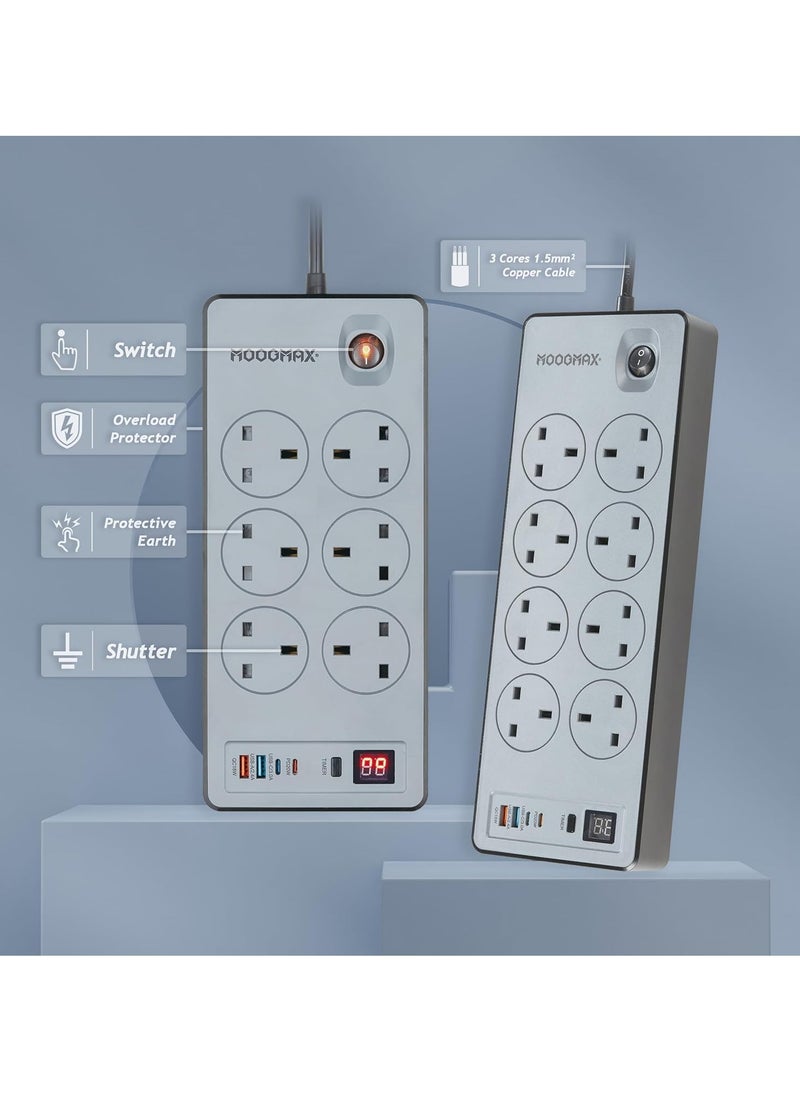 MOOGMAX BASA Multiple cord Extension 2990W, with eight-socket, two Type-C ports support fast charging up to 20W and two USB-A ports compatible with most devices, an electrical strip equipped with an automatic shut-off timer (For Type-C and USB ports only, power outlets are not included) and an on/off button, a fire-safe socket up to 750 C, certified with quality and safety (SASO, GCC and RoHS) certificates. 3 meters long. From Moogmax  - Image 5