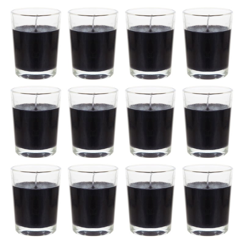 Mega Candles 12 pcs Unscented Glass Black Container Candle Mini Party Light 5 Hour Burn Time 15 Inch x 175 Inch Home Dcor Wedding Receptions Occasions Events Festivities Meditations Prayers
