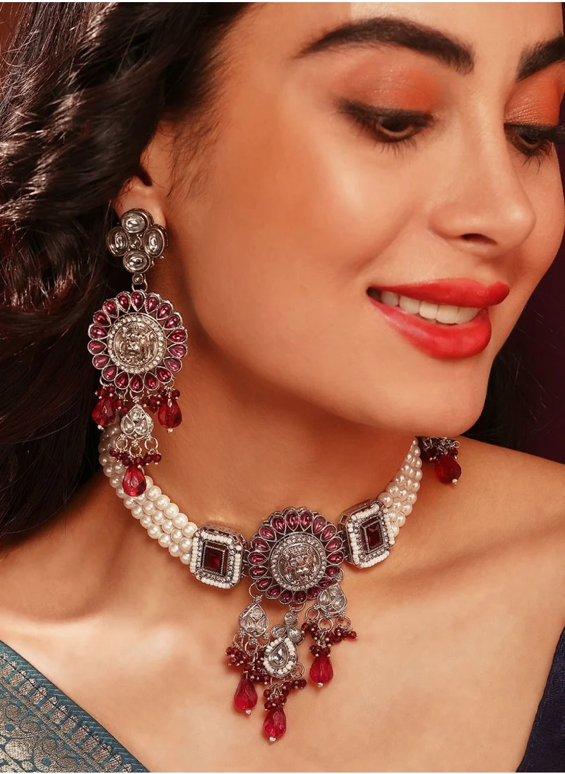 Priyaasi Plated Stone Studded  Pearls Beaded Jewellery Set