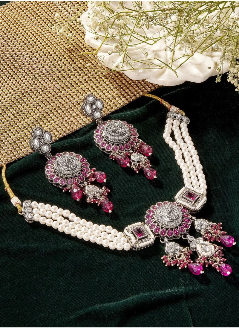 برياسي Plated Stone Studded  Pearls Beaded Jewellery Set