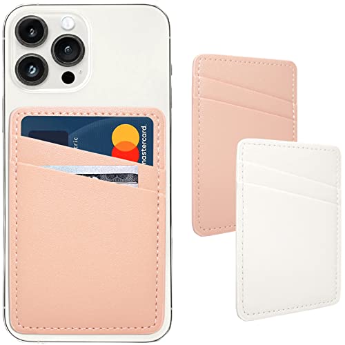 Limvory Phone Wallet, Leather Phone Card Holder Adhesive Stick On Credit Card Pocket for Back of Phone Case for iPhone and Android-White, Pink - Image 1