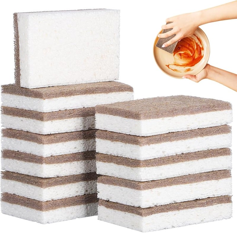 Natural Cleaning Sponges 12pcs Highly Absorbent Coconut Fiber Wood Pulp Multipurpose Kitchen Bathroom Scrub - Image 1