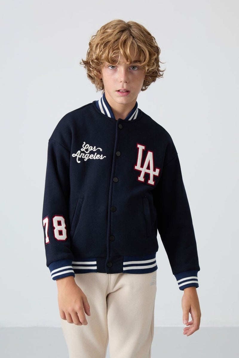 Tommy Life Navy Blue Cotton Thick Fluffy Soft Texture Standard Fit Embroidered Boy's College Jacket - 11258 - Image 1
