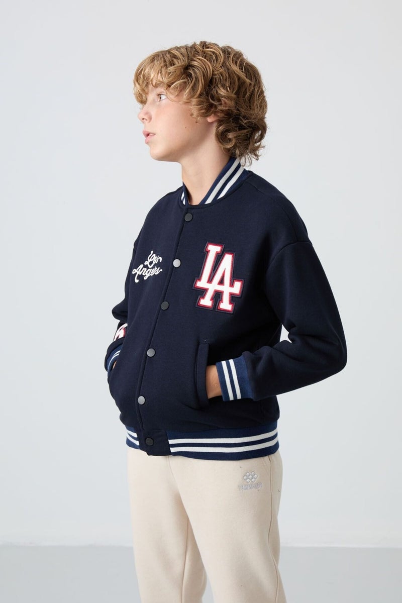 Tommy Life Navy Blue Cotton Thick Fluffy Soft Texture Standard Fit Embroidered Boy's College Jacket - 11258 - Image 4