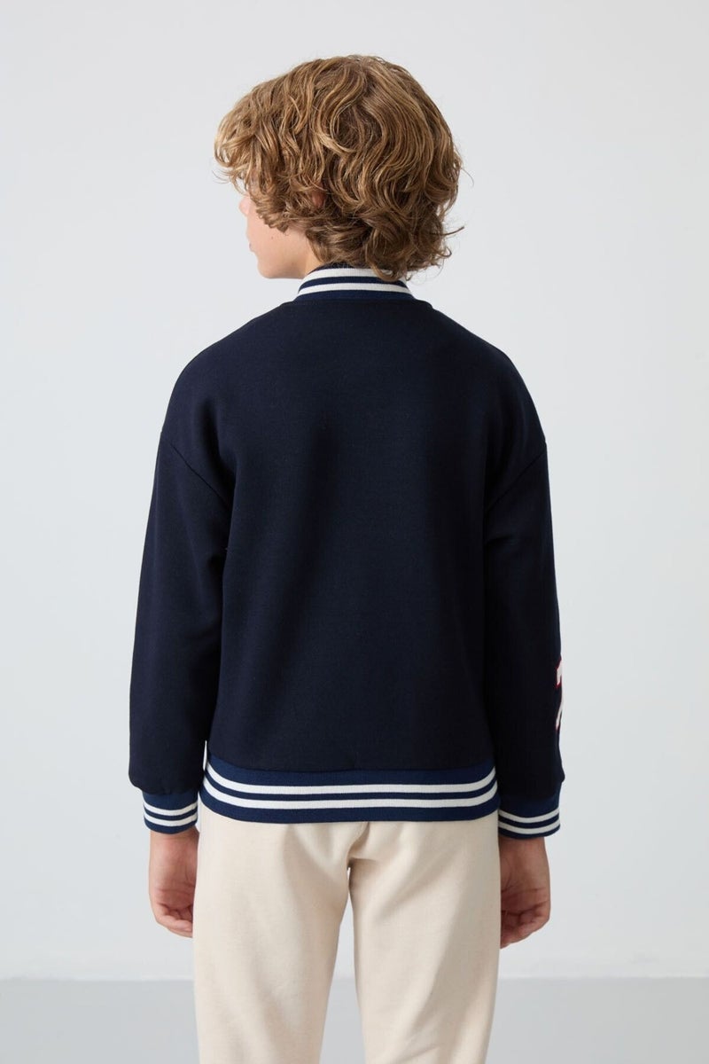 Tommy Life Navy Blue Cotton Thick Fluffy Soft Texture Standard Fit Embroidered Boy's College Jacket - 11258 - Image 5