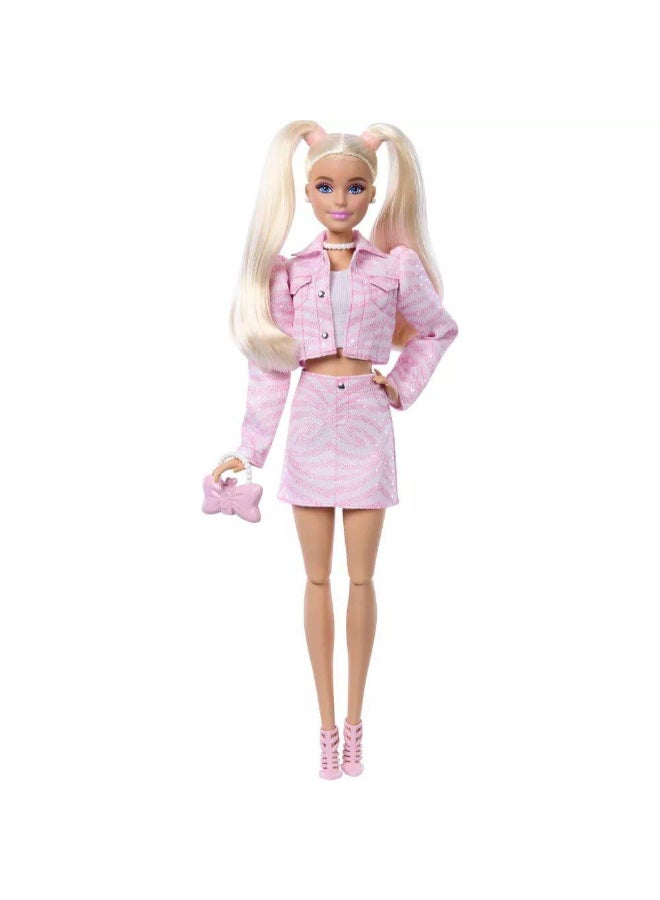 Barbie باربي دمية الموضة ذات الشعر الأشقر مع سترة دنيم وتنورة (29.49 سم، وردي) - Image 2