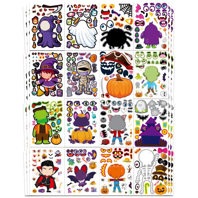 Aowplc 48 Halloween MakeaFace Sticker Sheets for Kids 16 Unique Designs Mix Match for Party Favors Crafts Goodie Bags Stuffers Classroom Activities and Holiday Games