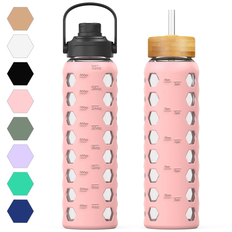 MUKOKO 32oz Glass Water Bottles with 2 LidsHandle Spout LidBamboo Straw Lid Motivational Water Tumbler with Time Marker Reminder and Silicone Sleeve LeakproofPink1 Pack