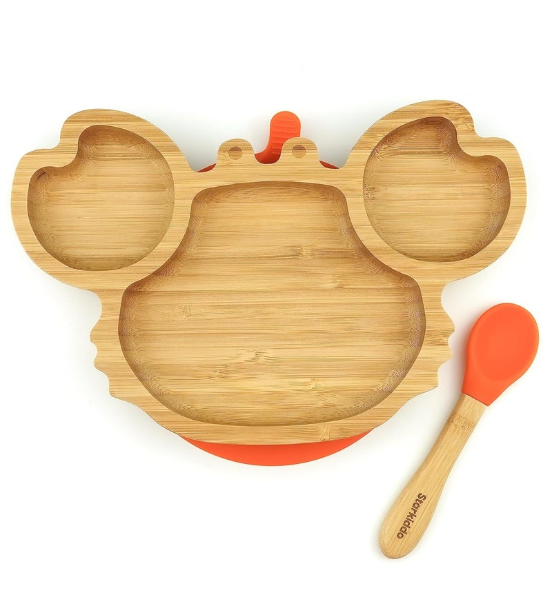 StarKiddo ®️ ' Cute Crab ' Plate for Kids and Baby-Led Weaning | 3 Sections | Non-Toxic | Eco-Friendly | Super Strong Suction Cup - Natural Bamboo BPA Free Baby Plate for Stay Put Feeding (Orange) - Image 1