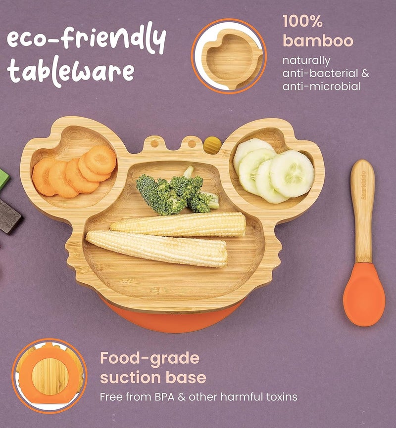 StarKiddo ®️ ' Cute Crab ' Plate for Kids and Baby-Led Weaning | 3 Sections | Non-Toxic | Eco-Friendly | Super Strong Suction Cup - Natural Bamboo BPA Free Baby Plate for Stay Put Feeding (Orange) - Image 3
