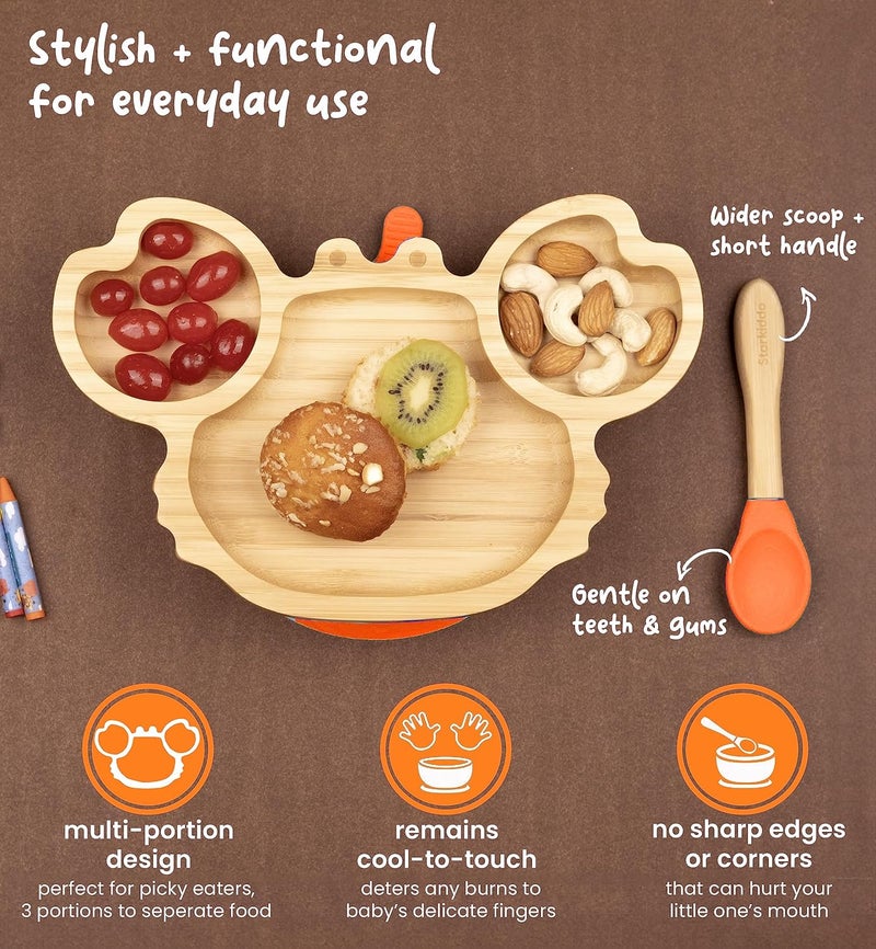 StarKiddo ®️ ' Cute Crab ' Plate for Kids and Baby-Led Weaning | 3 Sections | Non-Toxic | Eco-Friendly | Super Strong Suction Cup - Natural Bamboo BPA Free Baby Plate for Stay Put Feeding (Orange) - Image 5
