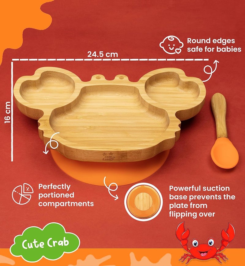 StarKiddo ®️ ' Cute Crab ' Plate for Kids and Baby-Led Weaning | 3 Sections | Non-Toxic | Eco-Friendly | Super Strong Suction Cup - Natural Bamboo BPA Free Baby Plate for Stay Put Feeding (Orange) - Image 2