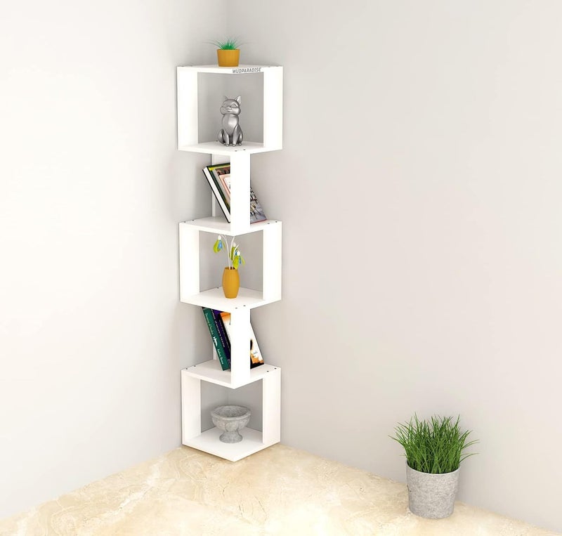 MACWUD MACWUD Wooden Wall Shelves Corner Standing Shelf for Living Room Stylish Home Decor Display Rack Storage Organizer Unique Design with 6 Shelf White  - Image 3