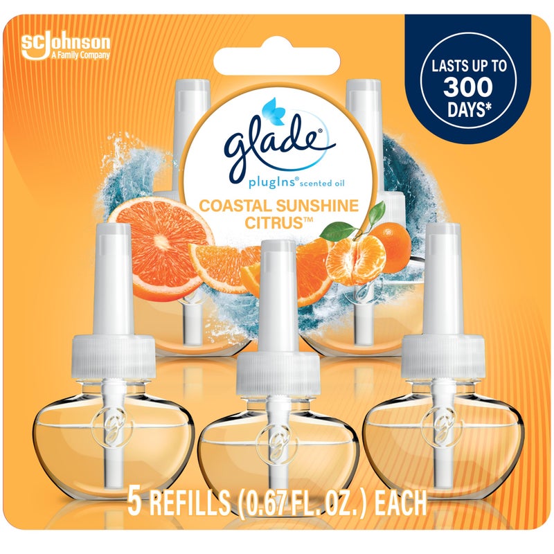 Glade PlugIns Refills Air Freshener,Coastal Sunshine Citrus, Scented and Essential Oils for Home and Bathroom, 0.67 Fl Oz, 5 Count - Image 1