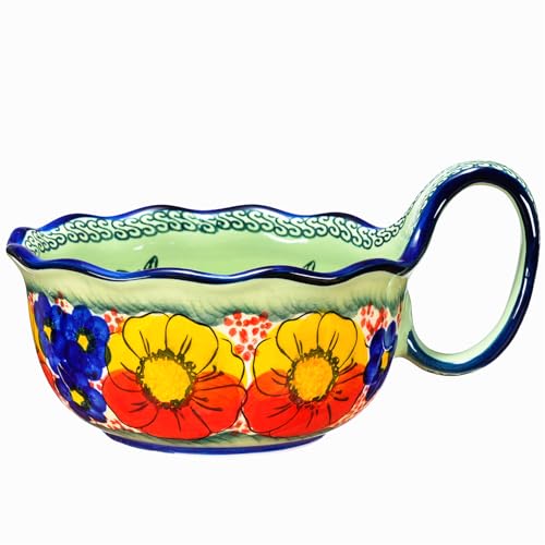 silesia Handmade Ceramic Soup Bowl, 30 oz Hand Painted Bowl with Loop Handle, Floral Design Cereal Bowl for Soup, Ice cream, Snack, Microwave & Dishwasher Safe (Glazed Green) - Image 1