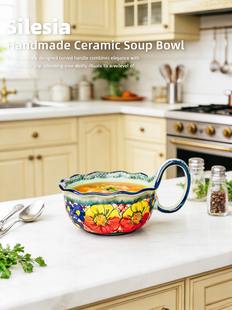 silesia Handmade Ceramic Soup Bowl, 30 oz Hand Painted Bowl with Loop Handle, Floral Design Cereal Bowl for Soup, Ice cream, Snack, Microwave & Dishwasher Safe (Glazed Green) - Image 2