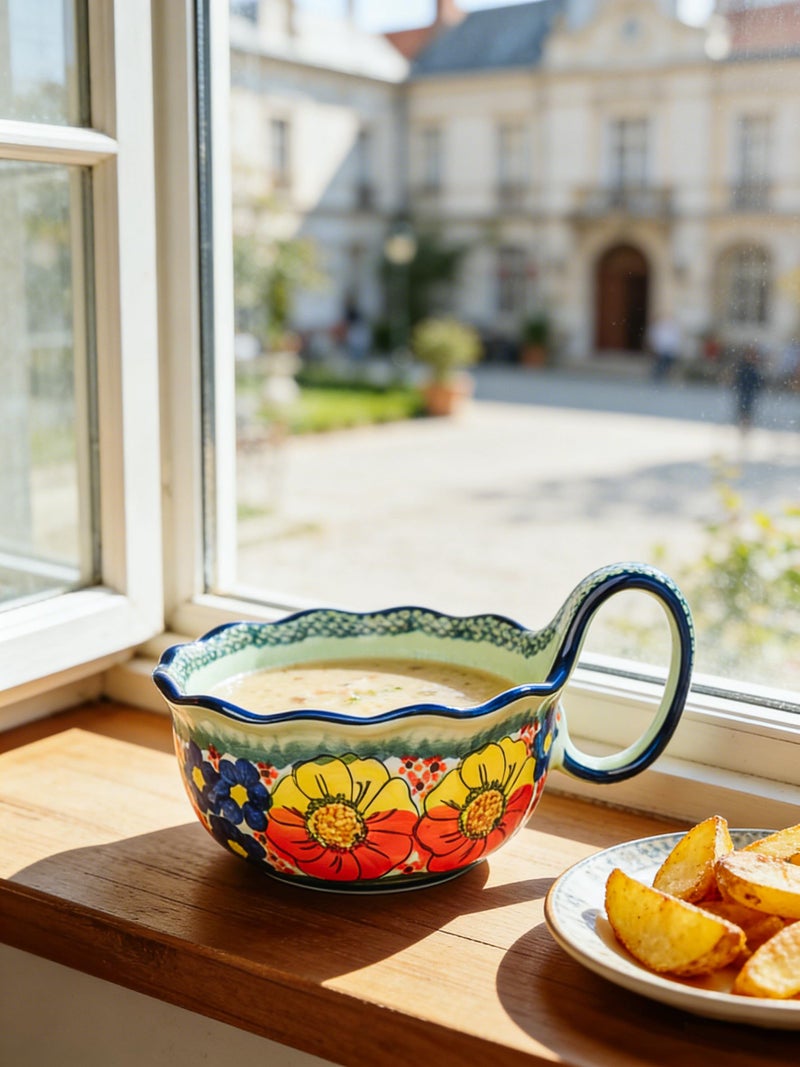 silesia Handmade Ceramic Soup Bowl, 30 oz Hand Painted Bowl with Loop Handle, Floral Design Cereal Bowl for Soup, Ice cream, Snack, Microwave & Dishwasher Safe (Glazed Green) - Image 4