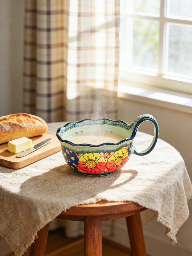 silesia Handmade Ceramic Soup Bowl, 30 oz Hand Painted Bowl with Loop Handle, Floral Design Cereal Bowl for Soup, Ice cream, Snack, Microwave & Dishwasher Safe (Glazed Green) - Image 5