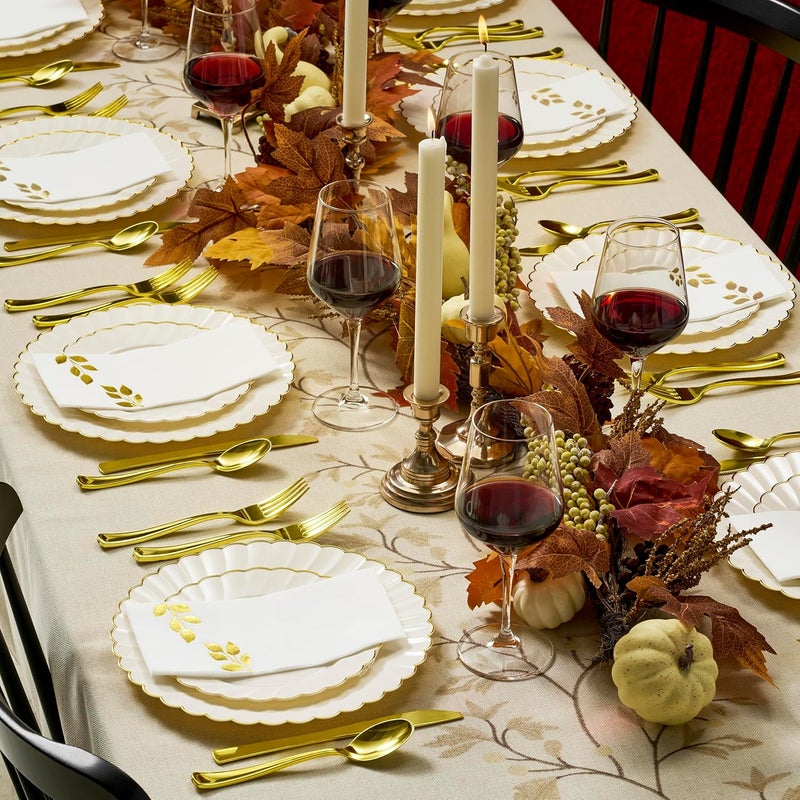 By Madee PREMIUM Thanksgiving Napkins Disposable 50 Pack | Fall Leaf Napkins 8.5”x4” Folded, 12”x17” Unfolded | Linen Like Disposable Hand Towels for Bathroom | Metallic Foil Stamped - Gold - Image 3
