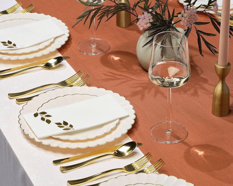 By Madee PREMIUM Thanksgiving Napkins Disposable 50 Pack | Fall Leaf Napkins 8.5”x4” Folded, 12”x17” Unfolded | Linen Like Disposable Hand Towels for Bathroom | Metallic Foil Stamped - Gold - Image 4