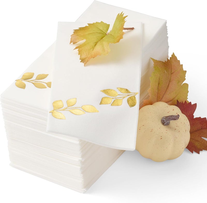 By Madee PREMIUM Thanksgiving Napkins Disposable 50 Pack | Fall Leaf Napkins 8.5”x4” Folded, 12”x17” Unfolded | Linen Like Disposable Hand Towels for Bathroom | Metallic Foil Stamped - Gold - Image 1