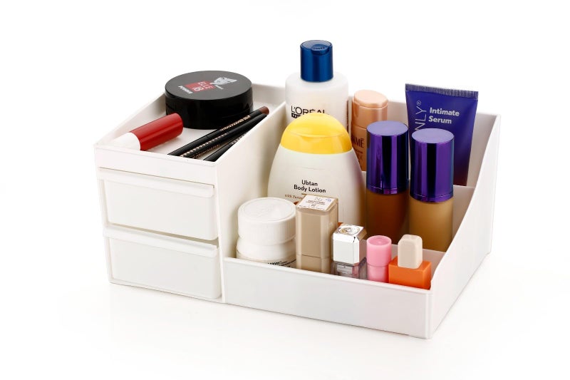 Clazkit Plastic Versatile Cosmetic Organizer Box With Drawers And Vanity Brush Holder Makeup Storage For Women Lipsticks, Skincare, Brushes, Eyeshadows, Lotions, Nail Polish, Stationery, White - Image 4