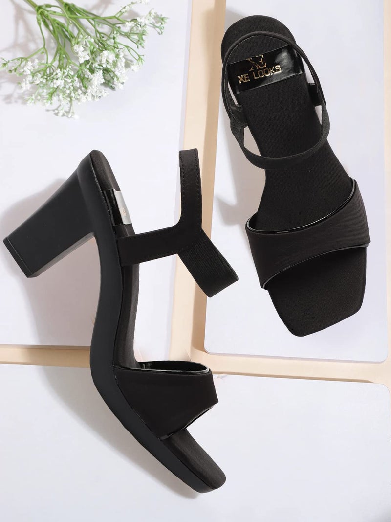 XE Looks Women's Black Stylish Block Heels | Open-Toe Sandals with Elastic Support | Anti-Skid Sole & Cushioned Footbed Block Heels For Girls & Women - Image 2