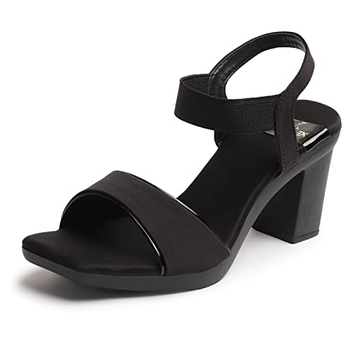 XE Looks Women's Black Stylish Block Heels | Open-Toe Sandals with Elastic Support | Anti-Skid Sole & Cushioned Footbed Block Heels For Girls & Women - Image 1