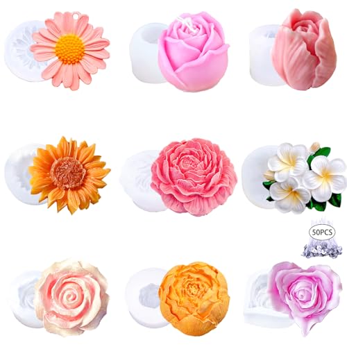 Aifong 9 PCS Flower Candle Molds Rose Tulip Silicone Candle Mold Flower Shapes Moldes De Rosas Silicona para Velas for Soy Wax, Beeswax, Candle Making, Resin Craft - Image 1