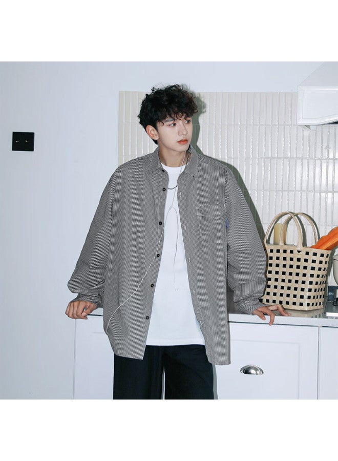 Swamp Area Striped Shirt For Men, Spring And Autumn Thin Long-sleeve Style Loose Casual Trendy Versatile Top, Cs024 Black L - Image 3