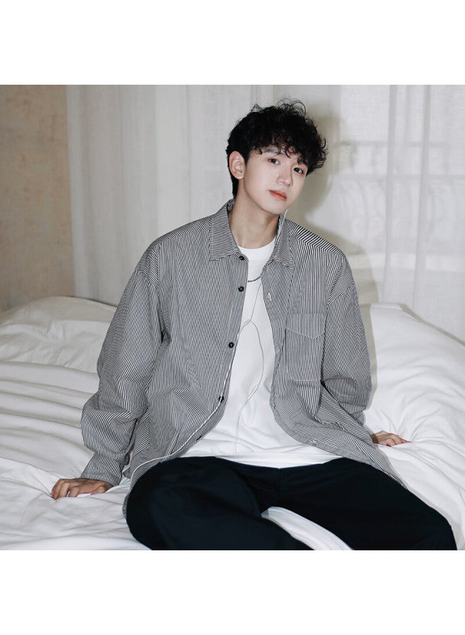 Swamp Area Striped Shirt For Men, Spring And Autumn Thin Long-sleeve Style Loose Casual Trendy Versatile Top, Cs024 Black L - Image 4