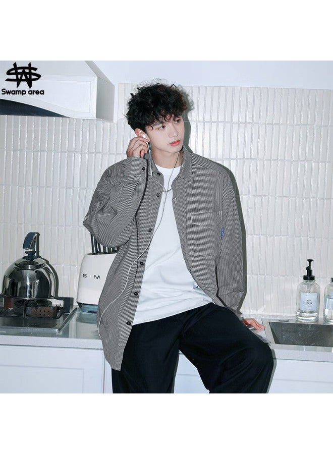 Swamp Area Striped Shirt For Men, Spring And Autumn Thin Long-sleeve Style Loose Casual Trendy Versatile Top, Cs024 Black L - Image 1
