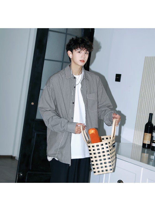 Swamp Area Striped Shirt For Men, Spring And Autumn Thin Long-sleeve Style Loose Casual Trendy Versatile Top, Cs024 Black L - Image 2
