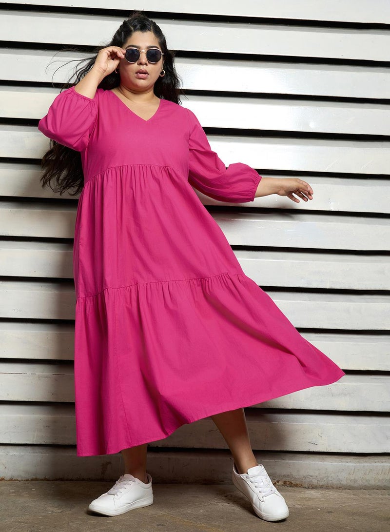 HIGH STAR Women's Pink 100% Cotton Solid Pattern Midi Smock Flared Dress  - Image 1