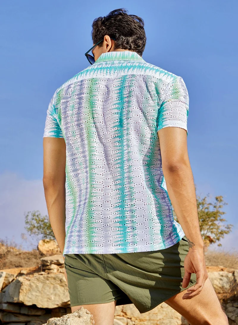 Campus Sutra Men's Sea Green & Lavender Horizontal Tie-Dye Shirt