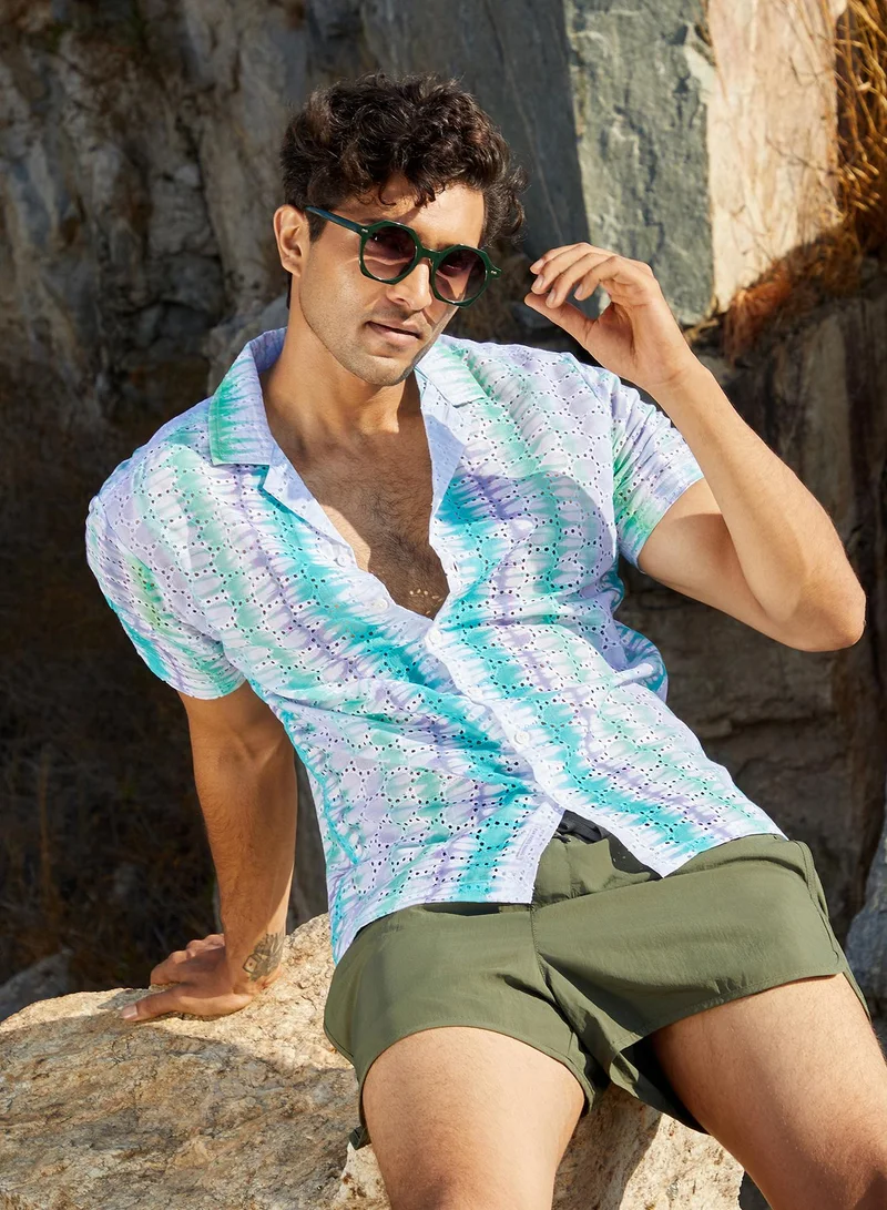Campus Sutra Men's Sea Green & Lavender Horizontal Tie-Dye Shirt